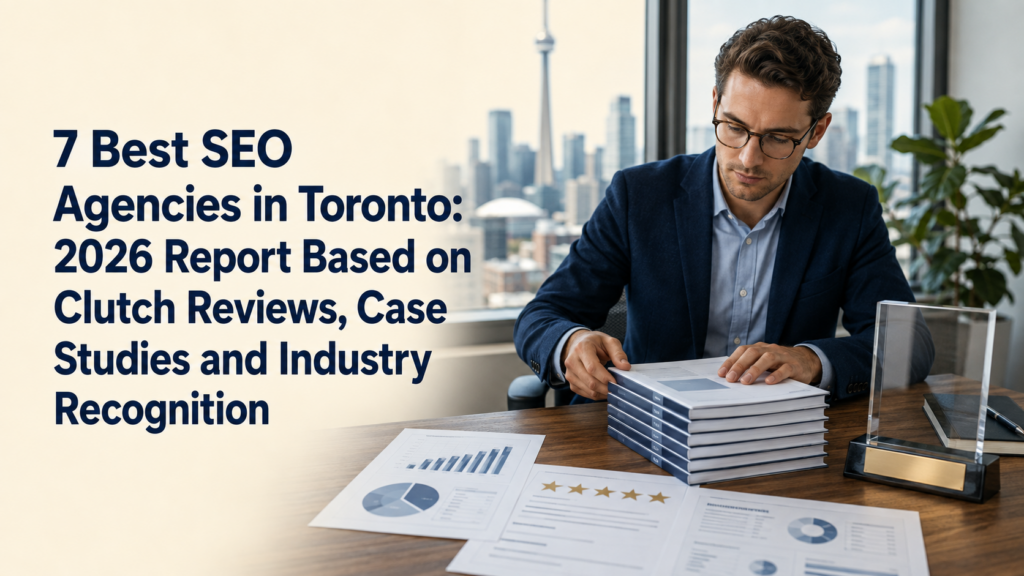 A researcher organizes agency dossiers beside performance charts and an award display with Toronto behind him, visualizing an evidence-led report on seven SEO agencies.